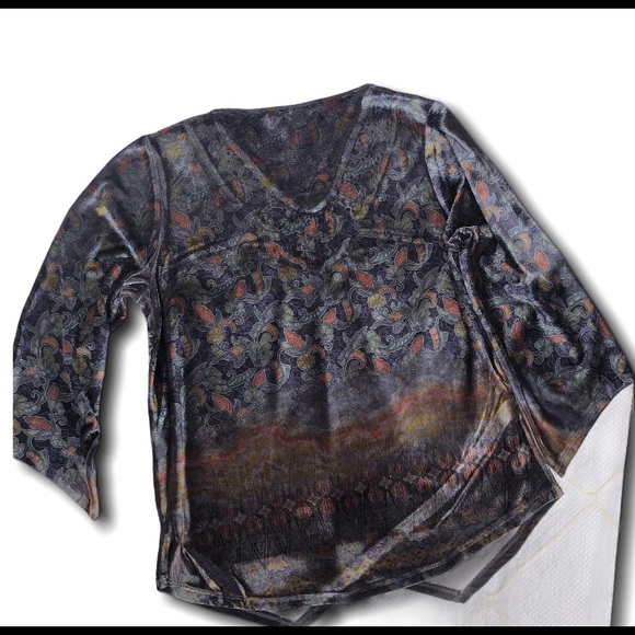 One World Lace Trimmed Velvety Blue V Neck Tunic - Picture 3 of 7